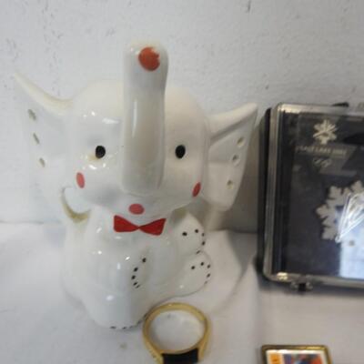 Porcelain Elephant Ring/Earring Display,Coca Cola Watch,Olympic Pins,Watch
