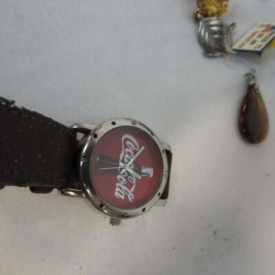 Porcelain Elephant Ring/Earring Display,Coca Cola Watch,Olympic Pins,Watch