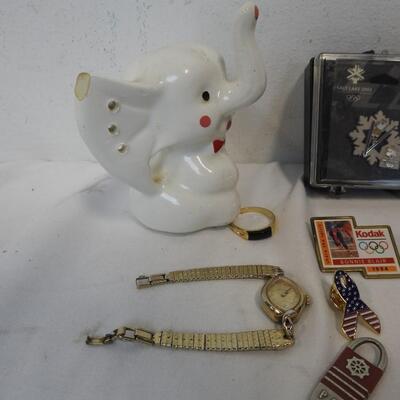 Porcelain Elephant Ring/Earring Display,Coca Cola Watch,Olympic Pins,Watch