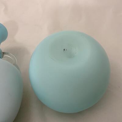 .39. Blue Satin Glass Rose Bowls | Double-Handled Vase | c. 1890
