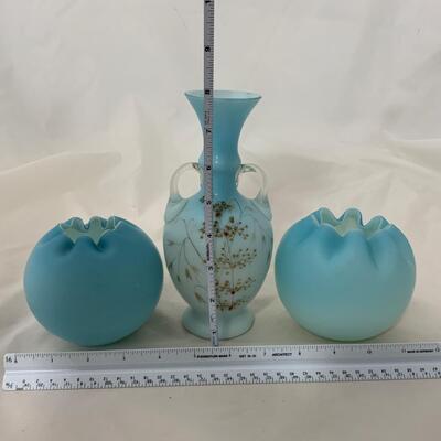 .39. Blue Satin Glass Rose Bowls | Double-Handled Vase | c. 1890