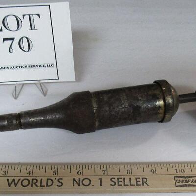 Old Hand Held Grease Gun/Oiler, Alemite Corp, Chicago, Heavy Push Type