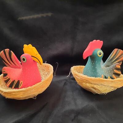 Hand Painted Oaxaca Mexico Chicken Pair