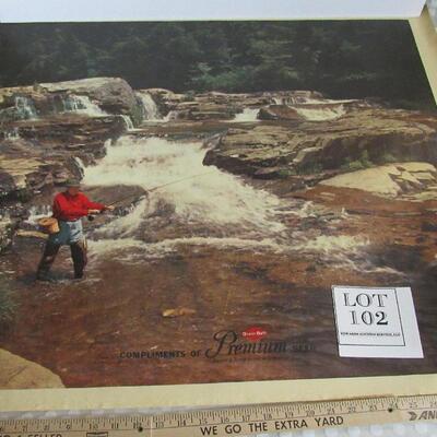 Vintage Grain Belt Beer Picture on Canvas, Man Fishing, Appr 26" x 33"