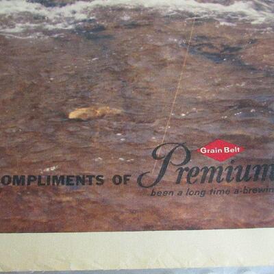 Vintage Grain Belt Beer Picture on Canvas, Man Fishing, Appr 26" x 33"
