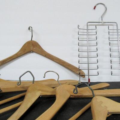 Lot of Vintage Wood Suit Hangers and Modern Tie Hanger