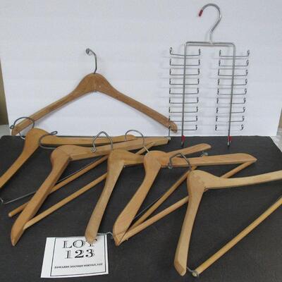 Lot of Vintage Wood Suit Hangers and Modern Tie Hanger