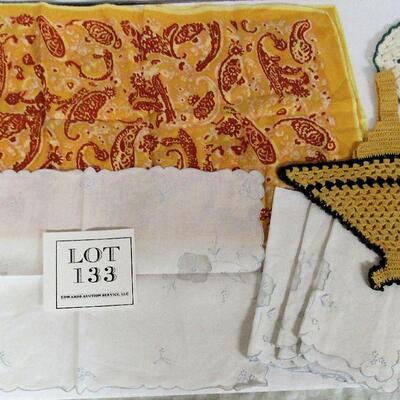 Vintage Pot Holders, Fancy Fabric Placemats, Scarf