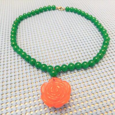 Vintage Jade Necklace w/ Carnelian Pendant - Estate Jewelry