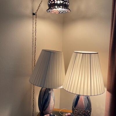 L2- Matching lamps (one hanging and two table lamps), dish and vase