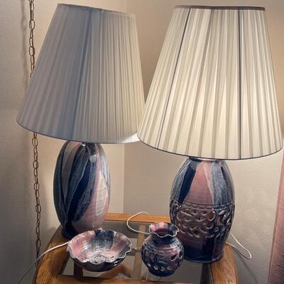 L2- Matching lamps (one hanging and two table lamps), dish and vase