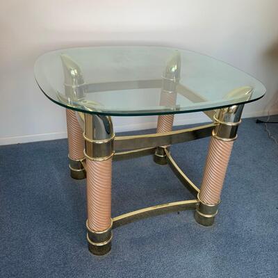 Vintage Pink & Brass Faux Tusk End Table With Glass Top