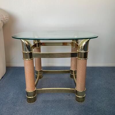 Vintage Pink & Brass Faux Tusk End Table With Glass Top