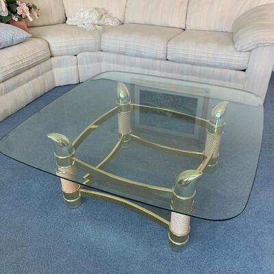 Vintage Pink & Brass Coffee Table With Glass Top