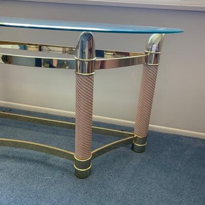Vintage Pink & Brass Console Table With Glass Top
