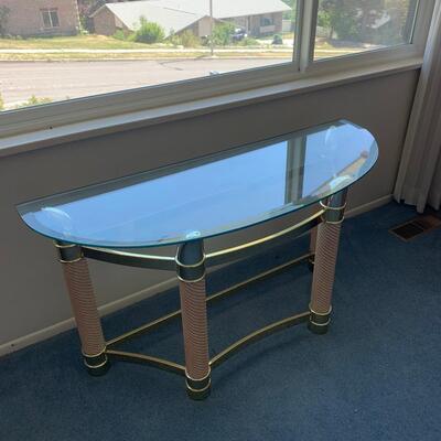 Vintage Pink & Brass Console Table With Glass Top