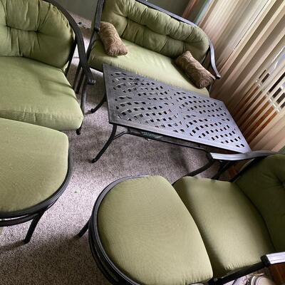 G1 outdoor Patio set, needs cleaning. Two chairs with Ottomans, small sofa, and table.