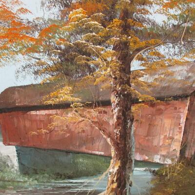 Framed Painted Covered Bridge On Canvas
