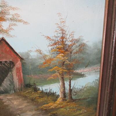 Framed Painted Covered Bridge On Canvas