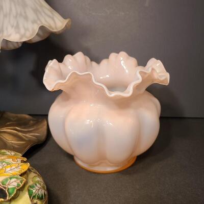 Lot 204: Tulip Lamp, Ruffled Vase, and Cloisonne Trinket Dish