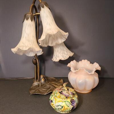 Lot 204: Tulip Lamp, Ruffled Vase, and Cloisonne Trinket Dish