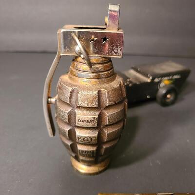 Lot 200: Grenade Lighter, Trench Lighter, and Pine Wood Derby Car