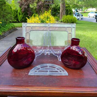 Lot 199: Ruby Red Blown Glass Vases & Stained Glass Pane