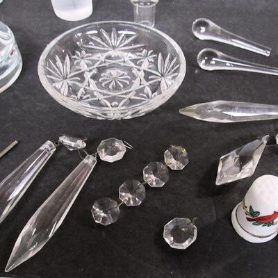 Lot of Glassware: Mosser Glass Paperweight, Prisms, More