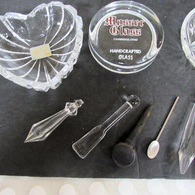 Lot of Glassware: Mosser Glass Paperweight, Prisms, More