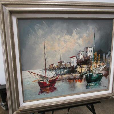 Framed Signed Painting Of Boats