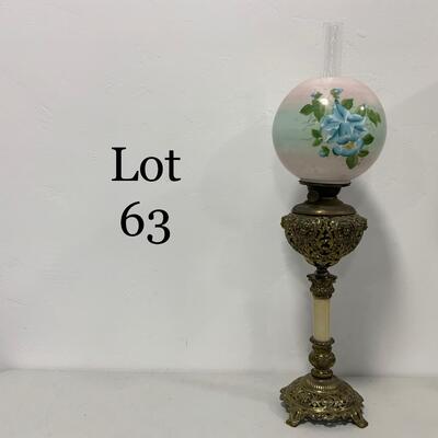 .63. Hand Painted Banquet Lamp | Onyx Stem | c. 1890