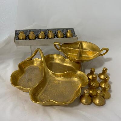 .75. 22k Gold Plated | Nappy | Divided Dish | Shakers | c. 1930