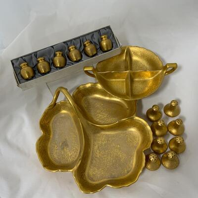 .75. 22k Gold Plated | Nappy | Divided Dish | Shakers | c. 1930
