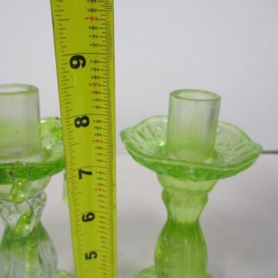 Green Vaseline Depression Glass Candle Holders