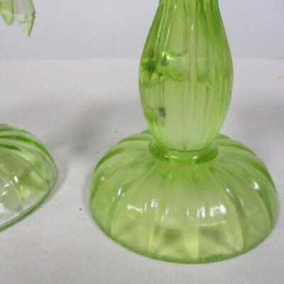 Green Vaseline Depression Glass Candle Holders