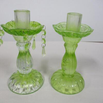 Green Vaseline Depression Glass Candle Holders