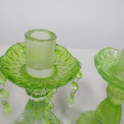 Green Vaseline Depression Glass Candle Holders