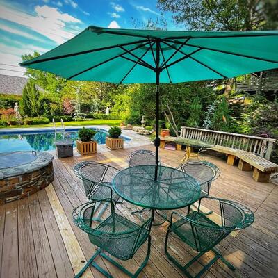 MID CENTURY MODERN RUSSELL WOODARD ARNOLD PALMER PATIO SEVEN CHAIRS AND TABLE