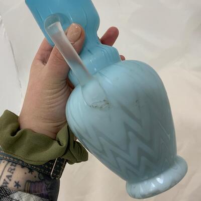 .118. Blue Herringbone Double Handled Satin Vase | c. 1900