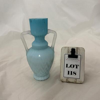 .118. Blue Herringbone Double Handled Satin Vase | c. 1900