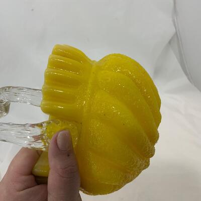 .122. Yellow Overshot Glass | Thorn Handle Basket | c. 1890