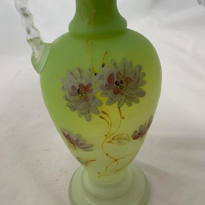 .123. Green Satin Glass | Hand Enameled Ewer | c. 1890