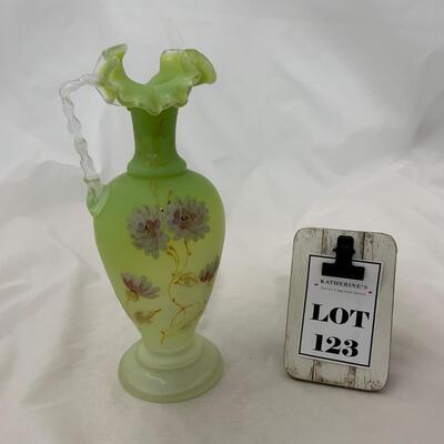 .123. Green Satin Glass | Hand Enameled Ewer | c. 1890