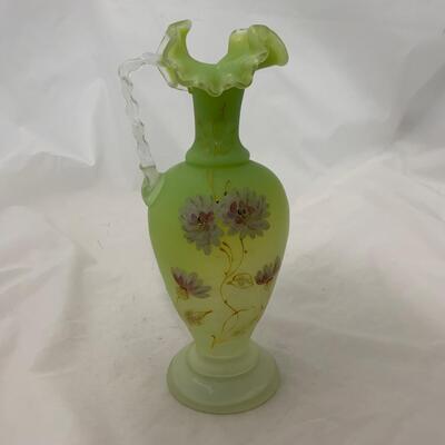 .123. Green Satin Glass | Hand Enameled Ewer | c. 1890