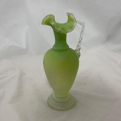.123. Green Satin Glass | Hand Enameled Ewer | c. 1890