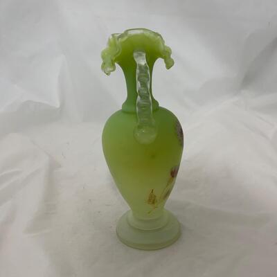 .123. Green Satin Glass | Hand Enameled Ewer | c. 1890