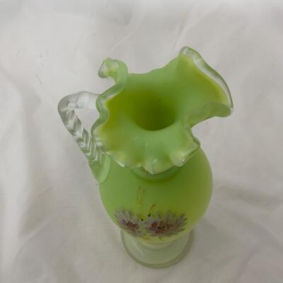 .123. Green Satin Glass | Hand Enameled Ewer | c. 1890