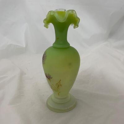 .123. Green Satin Glass | Hand Enameled Ewer | c. 1890