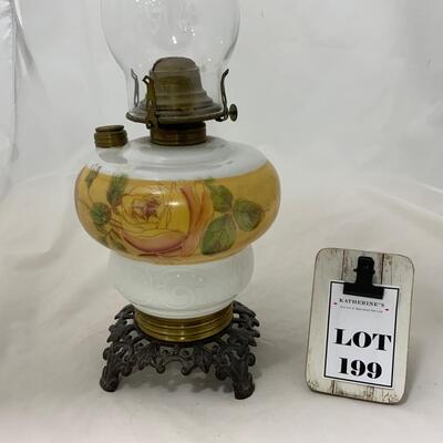 .199. Yellow Rose Kerosene Lamp | c. 1890