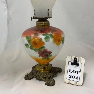 .204. Orange Floral Kerosene Lamp | c. 1890